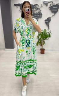 Rochie midi din bumbac, cu elastic in talie si imprimeu verde pe fond alb