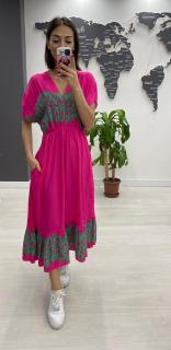Rochie midi din bumbac, cu elastic in talie si imprimeu verde pe fond fucsia