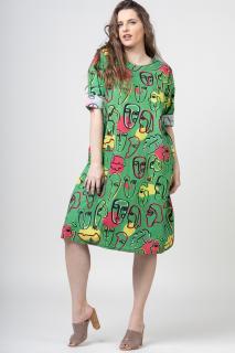 Rochie midi din bumbac cu imprimeu chipuri pe fond verde