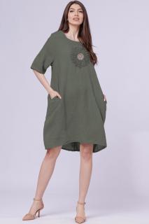 Rochie midi din in cu floare din paiete pe piept, kaki