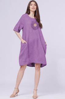 Rochie midi din in cu floare din paiete pe piept, mov