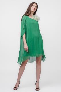 Rochie midi, dreapta, din matase naturala, cu funda pe spate, verde