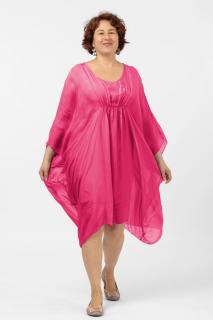 Rochie midi fucsia, ampla, din matase naturala, cu detaliu sub bust, in colturi