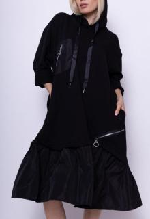 Rochie midi neagra, din tricot de bumbac cu volan de tafta si gluga si fermoare