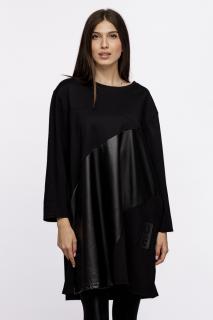 Rochie midi neagra, din tricot de vascoza cu piele ecologica si motiv   Hope