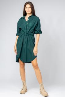 Rochie midi tip camasa, din poplin de bumbac, cu siret in talie, verde