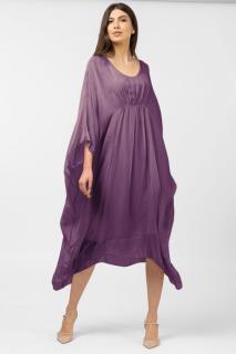 Rochie mov inchis in colturi, lunga, ampla, din matase naturala, cu detaliu sub bust