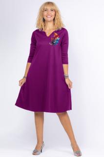 Rochie mov zmeura  A line  midi, cu decolteu traditional si imprimeu floare picturala