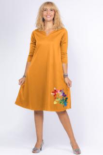 Rochie mustar  A line  midi, cu decolteu traditional si floare laterala