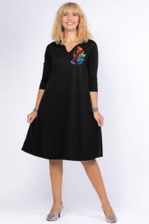 Rochie neagra  A line  midi, cu decolteu traditional si imprimeu floare picturala