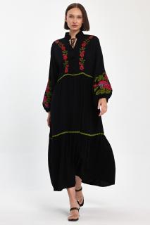 Rochie neagra cu broderie traditionala pe piept si maneci, din vascoza