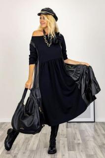 Rochie neagra din bumbac, cu insertii laterale din piele ecologica