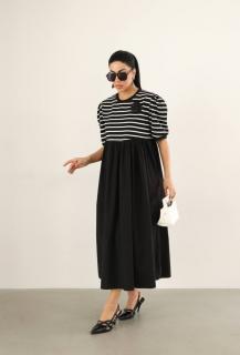 Rochie neagra din poplin de bumbac si jerseu cu dungi, cu maneca scurta bufanta