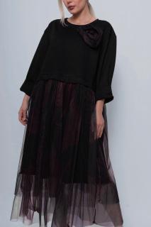 Rochie neagra din punto milano cu tulle imprimat cu flori mari bordo estompate si boboc