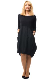 Rochie neagra gogosar din tricot si tafta cu buzunare