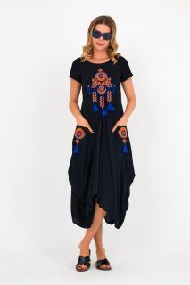 Rochie neagra in colturi cu broderie portocalie    Dreamcatcher   si ciucuri, din vascoza