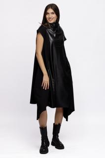 Rochie neagra in colturi din jerseu de bumbac punto milano, cu insertie de piele ecologica