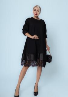Rochie neagra midi din punto milano cu volan din dantela si piele ecologica