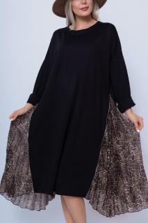 Rochie neagra midi in colturi cu laterale din voal plisat animal print si fermoare metalice argintii