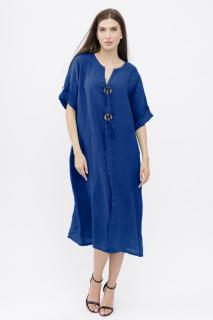 Rochie oversize din in, cu nasturi pe piept, albastru electric