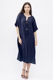 Rochie oversize din in, cu nasturi pe piept, bleumarin