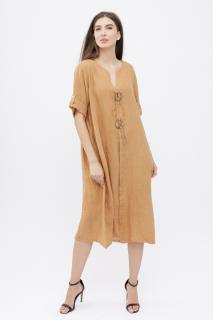 Rochie oversize din in, cu nasturi pe piept, camel
