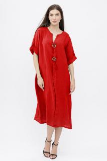 Rochie oversize din in, cu nasturi pe piept, rosie