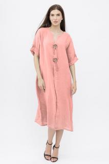 Rochie oversize din in, cu nasturi pe piept, roz