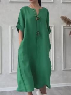 Rochie oversize din in, cu nasturi pe piept, verde