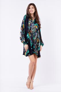 Rochie plisata A-line din satin, cu maneci ample si imprimeu jungle pe fond negru