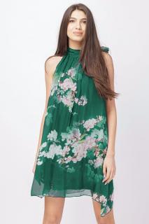 Rochie scurta din matase naturala verde, cu flori de cires