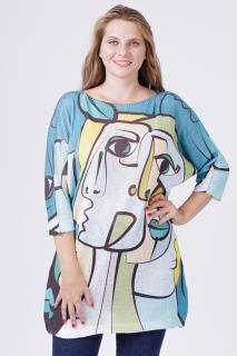Rochie scurta tricotata cu maneca fluture si imprimeu stil Picasso pe fond turcoaz