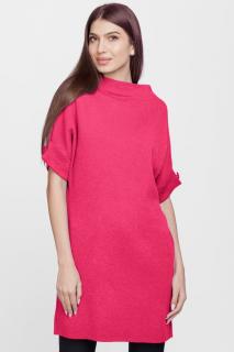 Rochie scurta tricotata, cu maneca scurta si nasture, din vascoza, fucsia