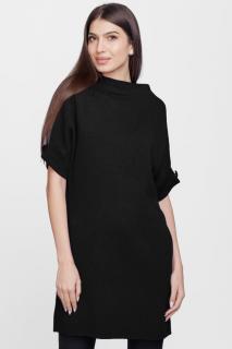 Rochie scurta tricotata, cu maneca scurta si nasture, din vascoza, neagra