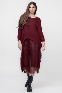 Rochie suprapusa cu puloveras cu maneca lunga si tulle plisat, bordo