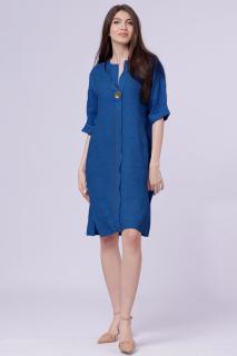 Rochie tunica din in albastru electric, cu nasture metalic decorativ