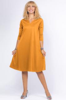 Rochie uni mustar  A line  midi, cu decolteu traditional