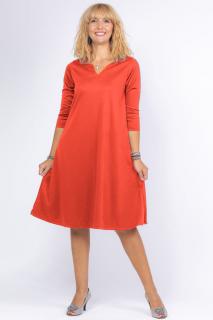 Rochie uni portocaliu pastel  A line  midi, cu decolteu traditional