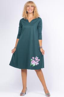 Rochie verde  A line  midi, cu imprimeu floare picturala de cires