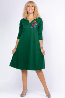 Rochie verde inchis  A line  midi, cu decolteu traditional si imprimeu floare picturala