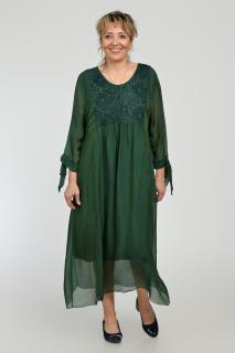Rochie verde lunga, din matase naturala cu platca din dantela pe fata si pe spate