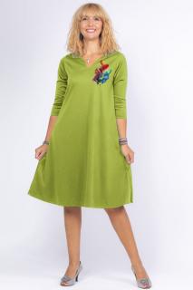 Rochie verde oliv  A line  midi, cu decolteu traditional si imprimeu floare picturala
