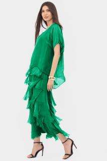 Rochie verde smarald din matase naturala cu  volane franjurate suprapuse