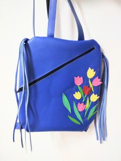 Rucsac handmade albastru electric , cu lalele colorate