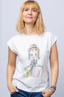 Tricou alb cu imprimeu bust fata desenata din linii, din bumbac