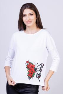 Tricou alb din bumbac, cu maneci 3 4 si imprimeu fluture