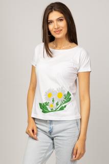 Tricou cambrat alb din bumbac cu imprimeu margarete albe