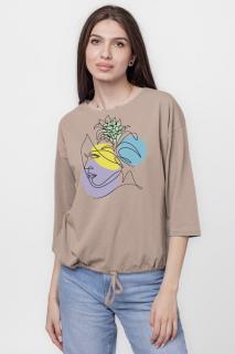 Tricou cu maneca 3 4 din tricot de bumbac cu snur la baza, fango cu imprimeu chip stilizat