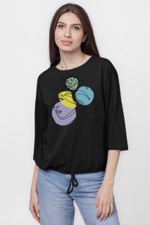 Tricou cu maneca 3 4 din tricot de bumbac cu snur la baza, negru cu imprimeu chip stilizat
