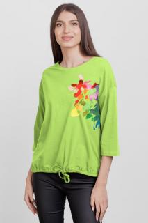 Tricou cu maneca 3 4 din tricot de bumbac cu snur la baza, verde deschis cu imprimeu floare stilizata